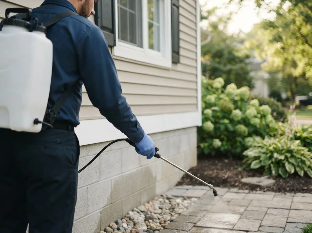 Pest control technician inspecting a home in Bainbridge, NY